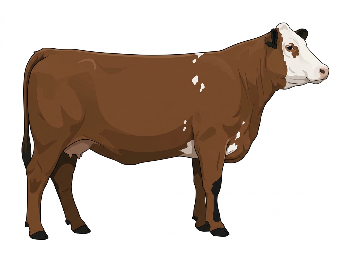 Brown with black points, a white face and a few white spots Simmental Cross Cow