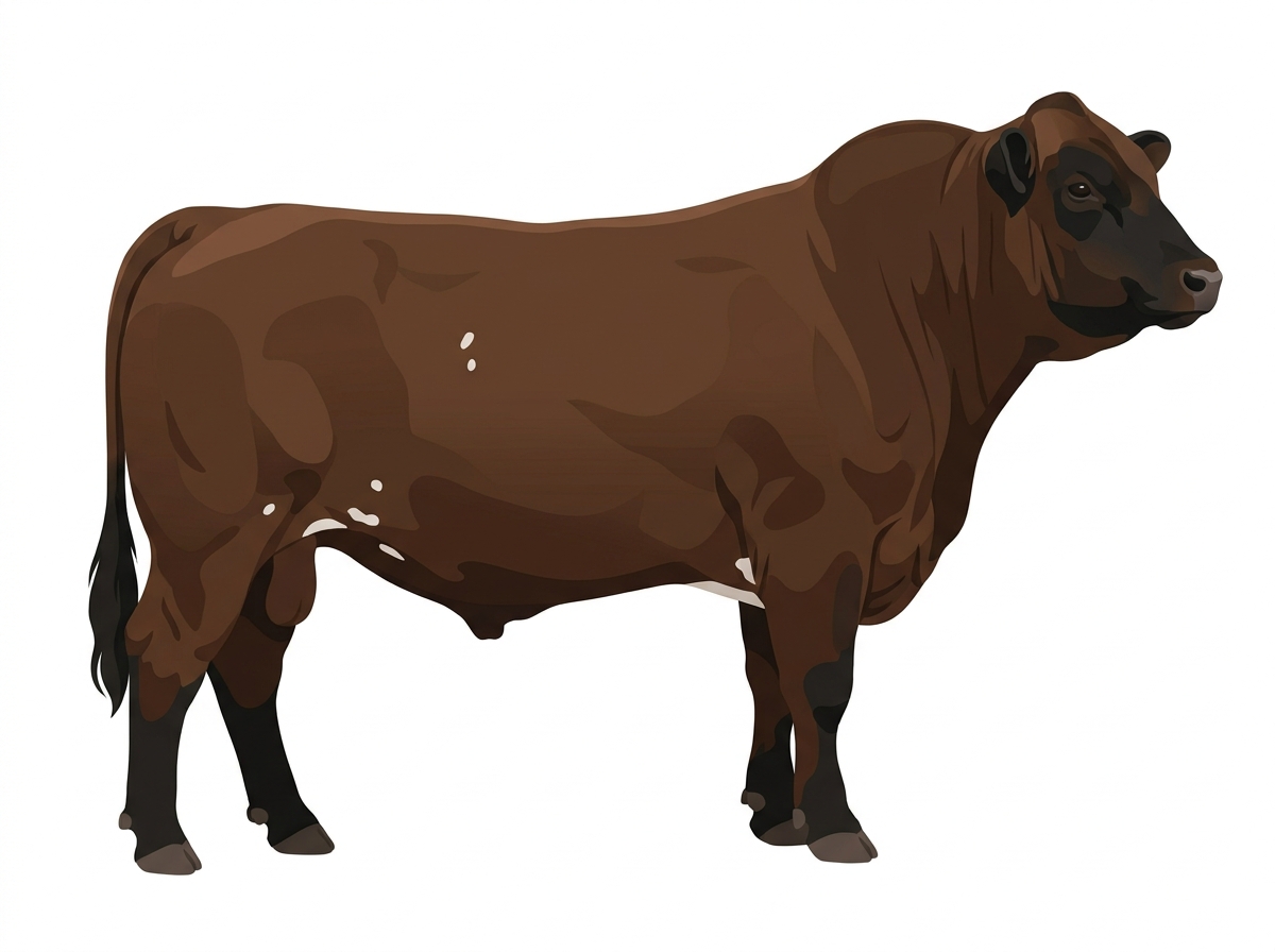 Brown with black points and a few white spots Simmental Cross Bull