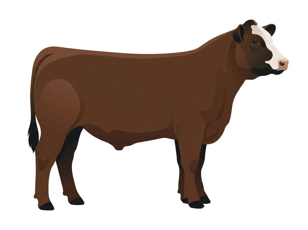 Brown with black points and a partial white face Simmental Cross Steer