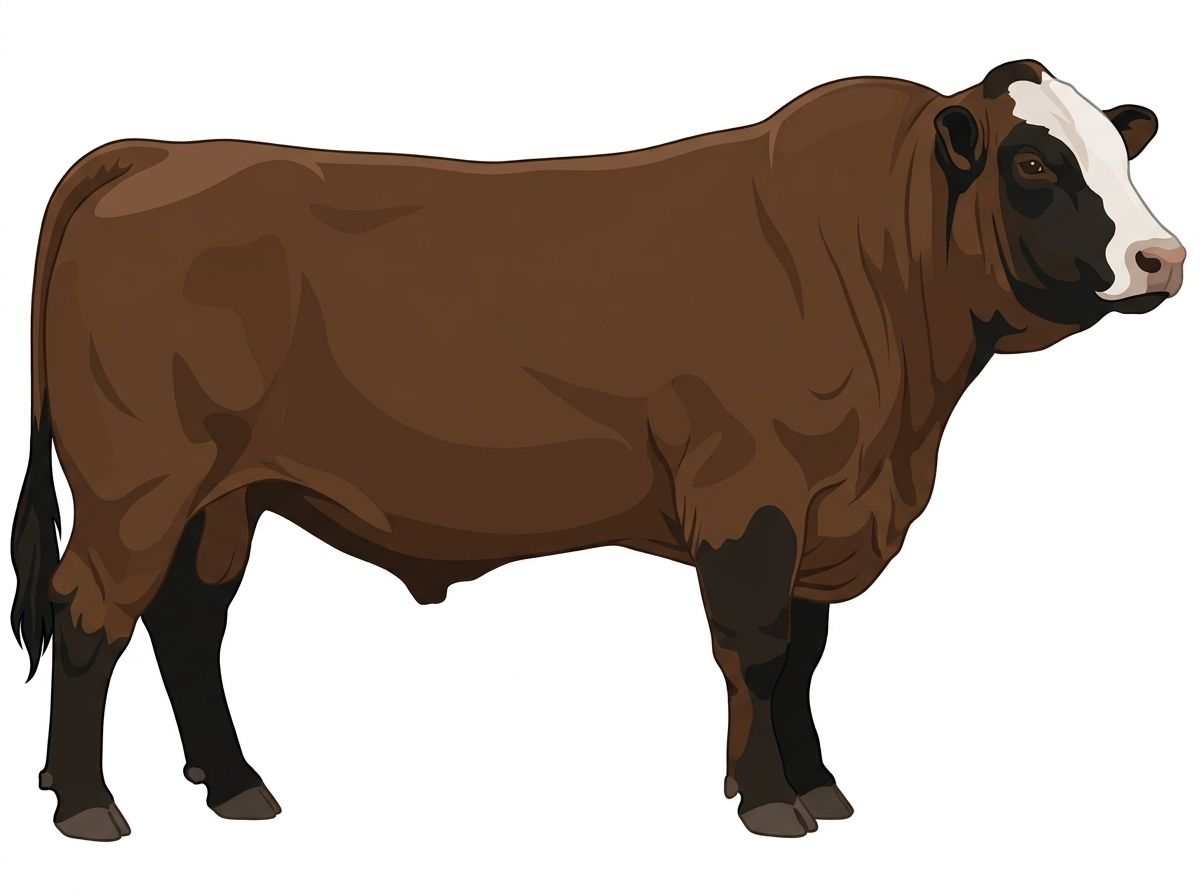 Brown with black points and a white face Simmental Cross Bull