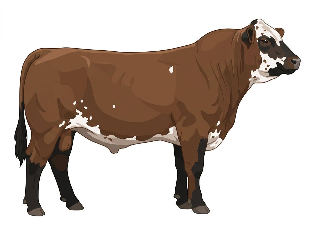 Brown with black points and white spots Simmental Cross Bull