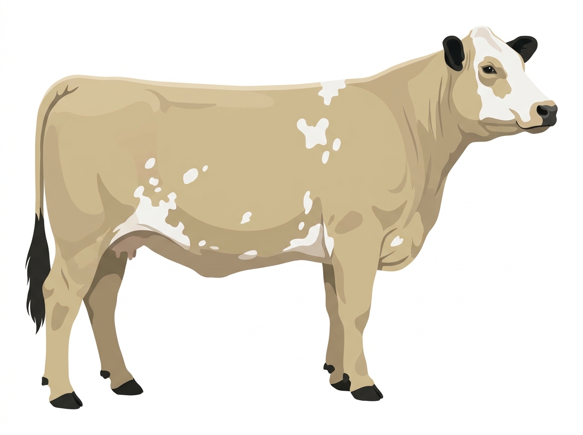 Cream with black points, a partial white face and white spots Simmental Cross Cow