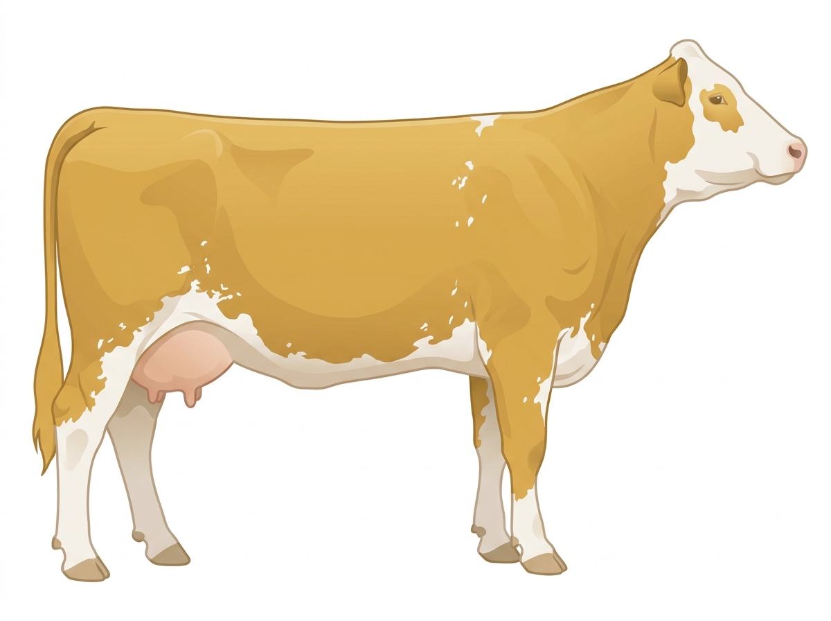Gold with a few white spots and ticking in the white Simmental Cross Cow