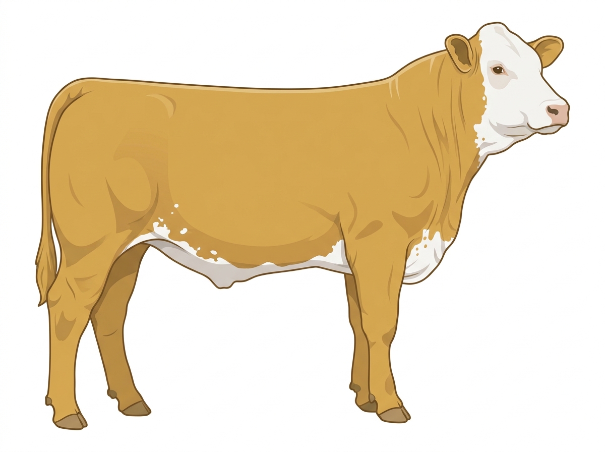 Gold with a full white face, white brisket and underline, a few white spots and ticking in the white Simmental Cross Steer