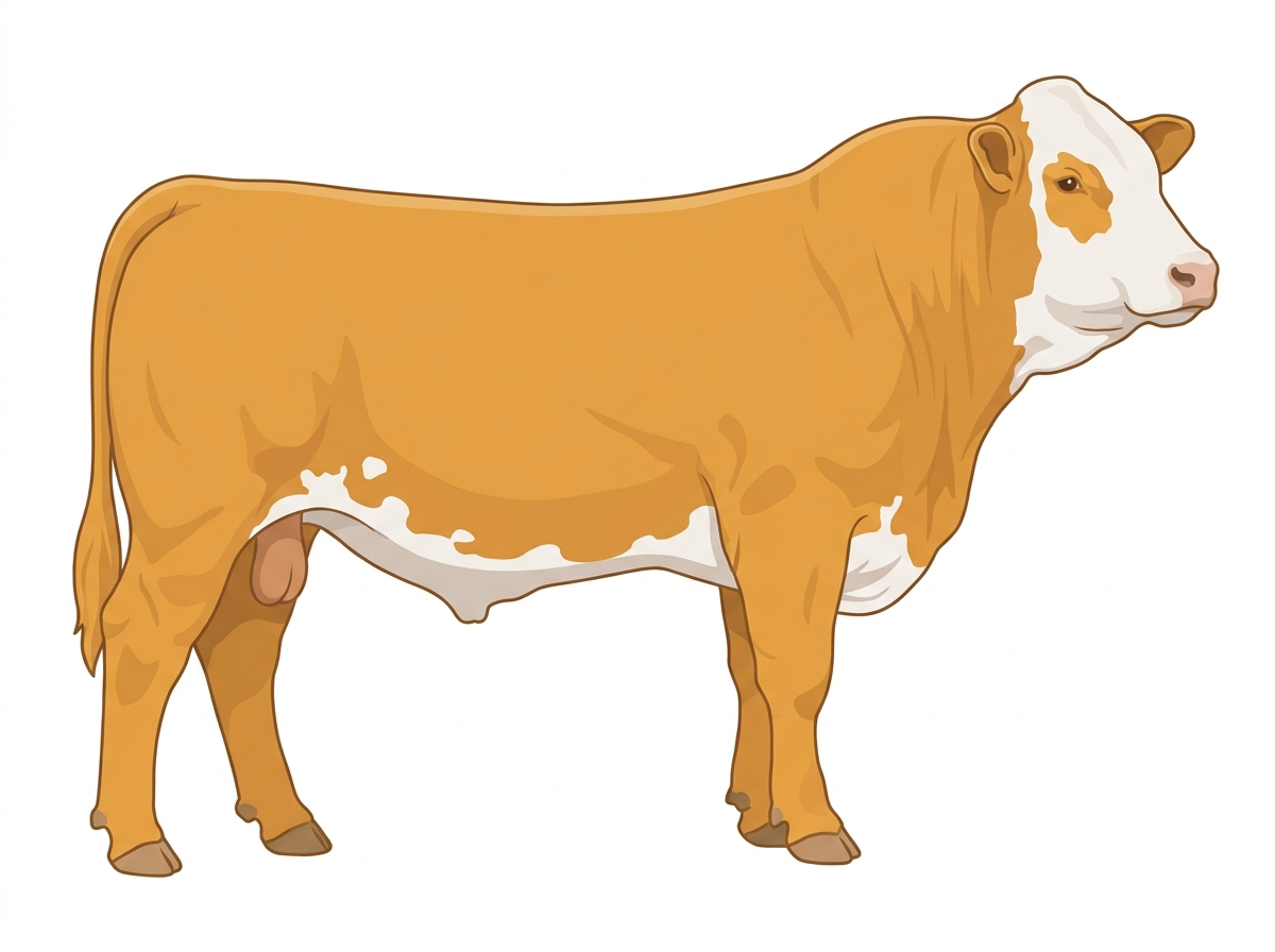Gold with a full white face, white brisket and underline and a few white spots Simmental Cross Bull