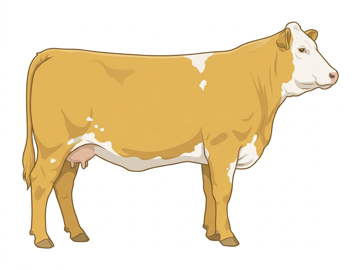 Gold with a full white face, white brisket and underline and a few white spots Simmental Cross Cow