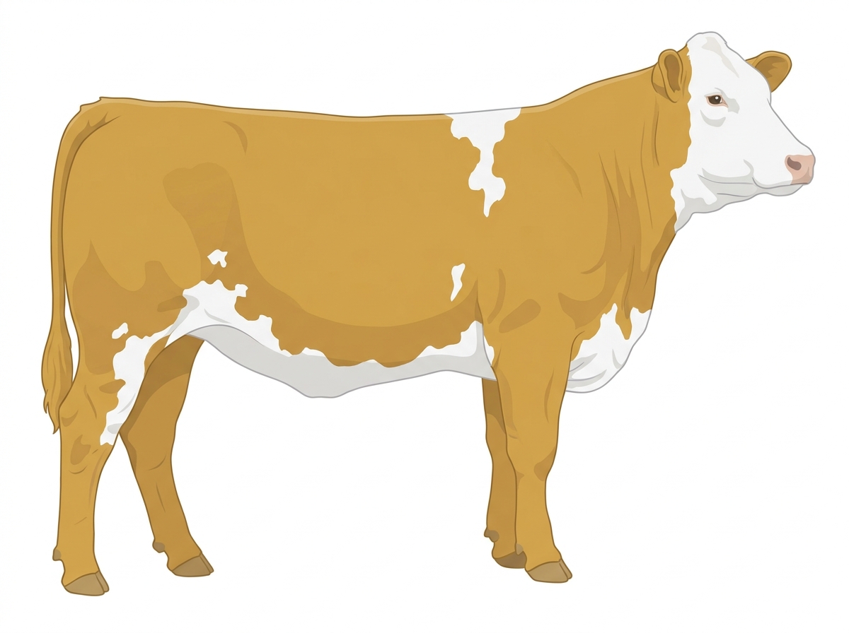 Gold with a full white face, white brisket and underline and a few white spots Simmental Cross Heifer