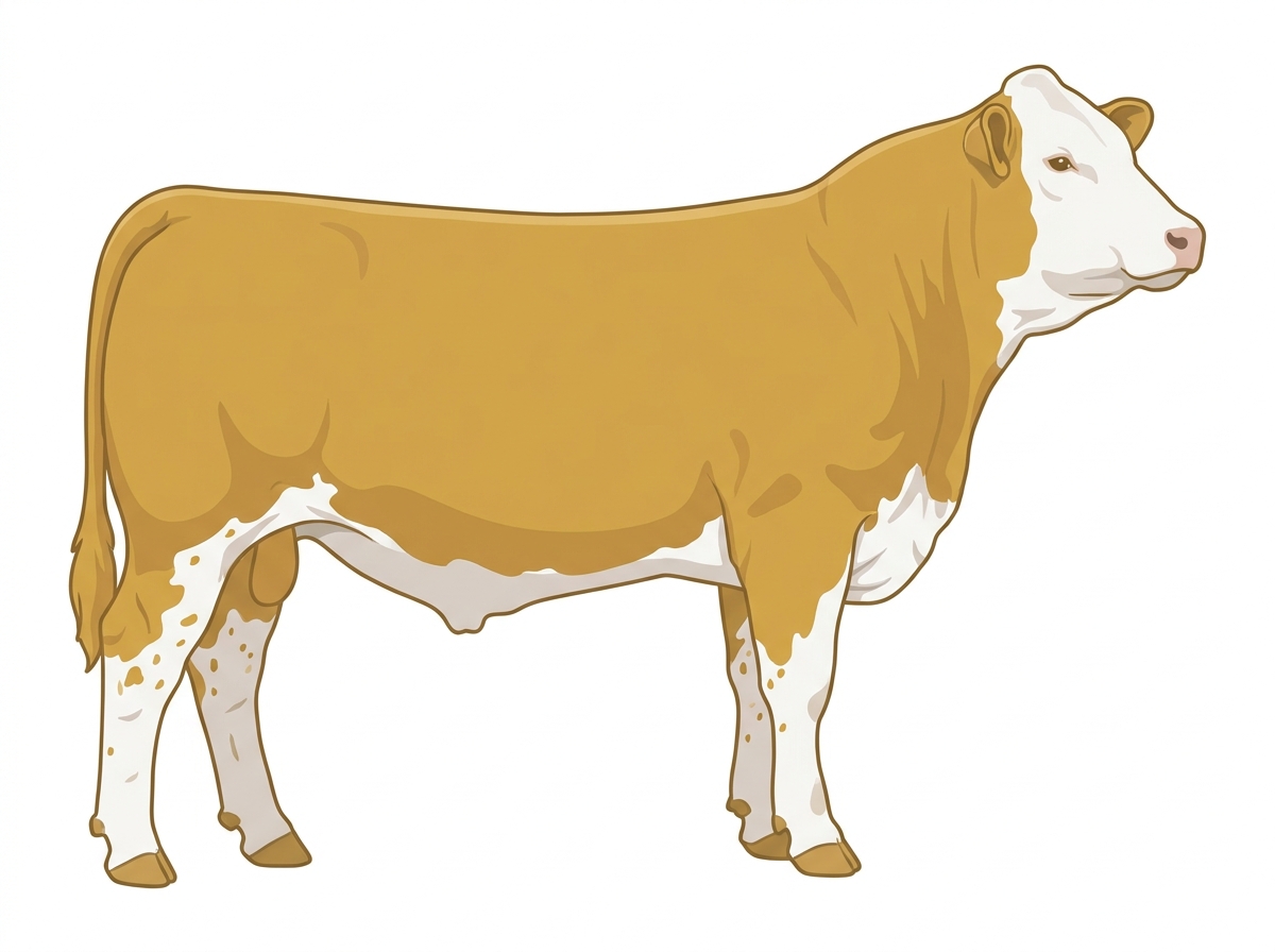 Gold with a full white face, white brisket and underline and ticking in the white Simmental Cross Steer