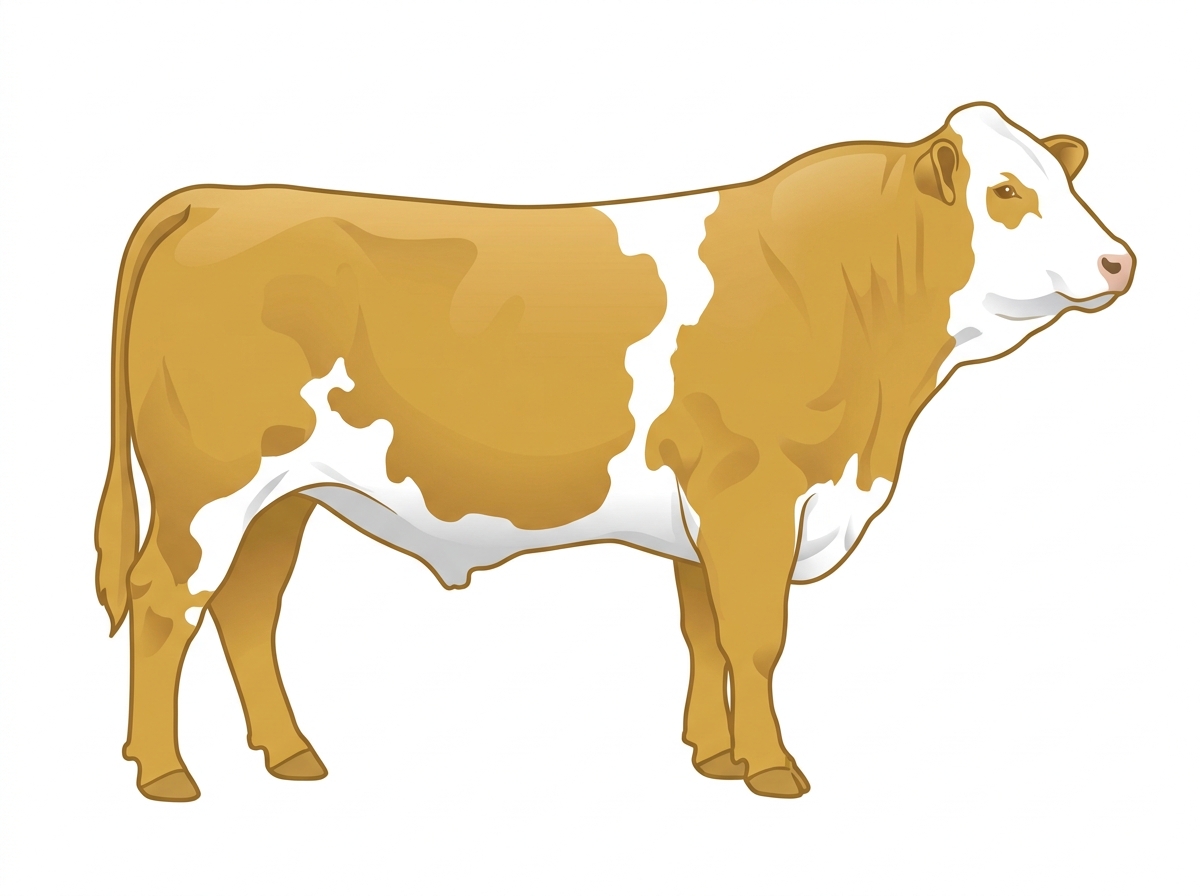 Gold with a full white face, white brisket and underline and white spots Simmental Cross Bull