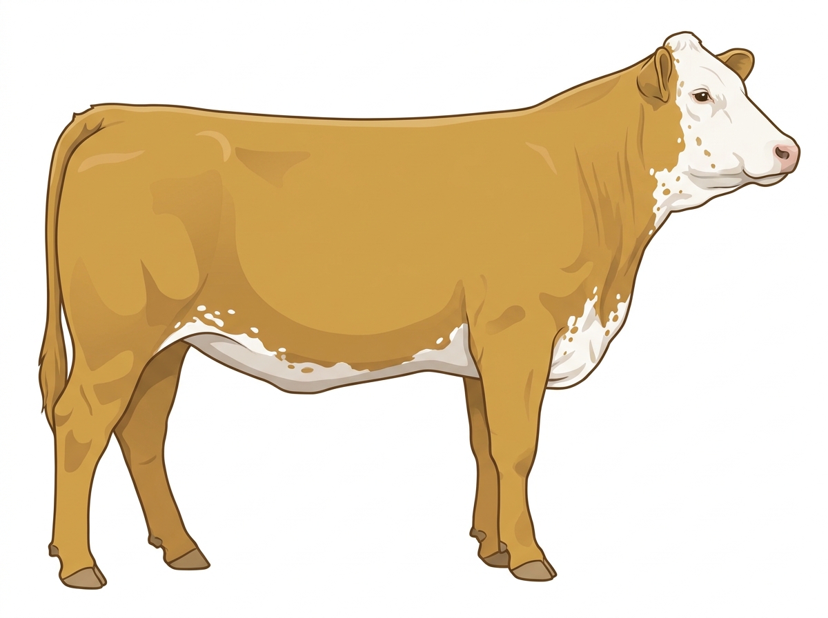 Gold with a full white face, white brisket and underline, white spots and ticking in the white Simmental Cross Heifer