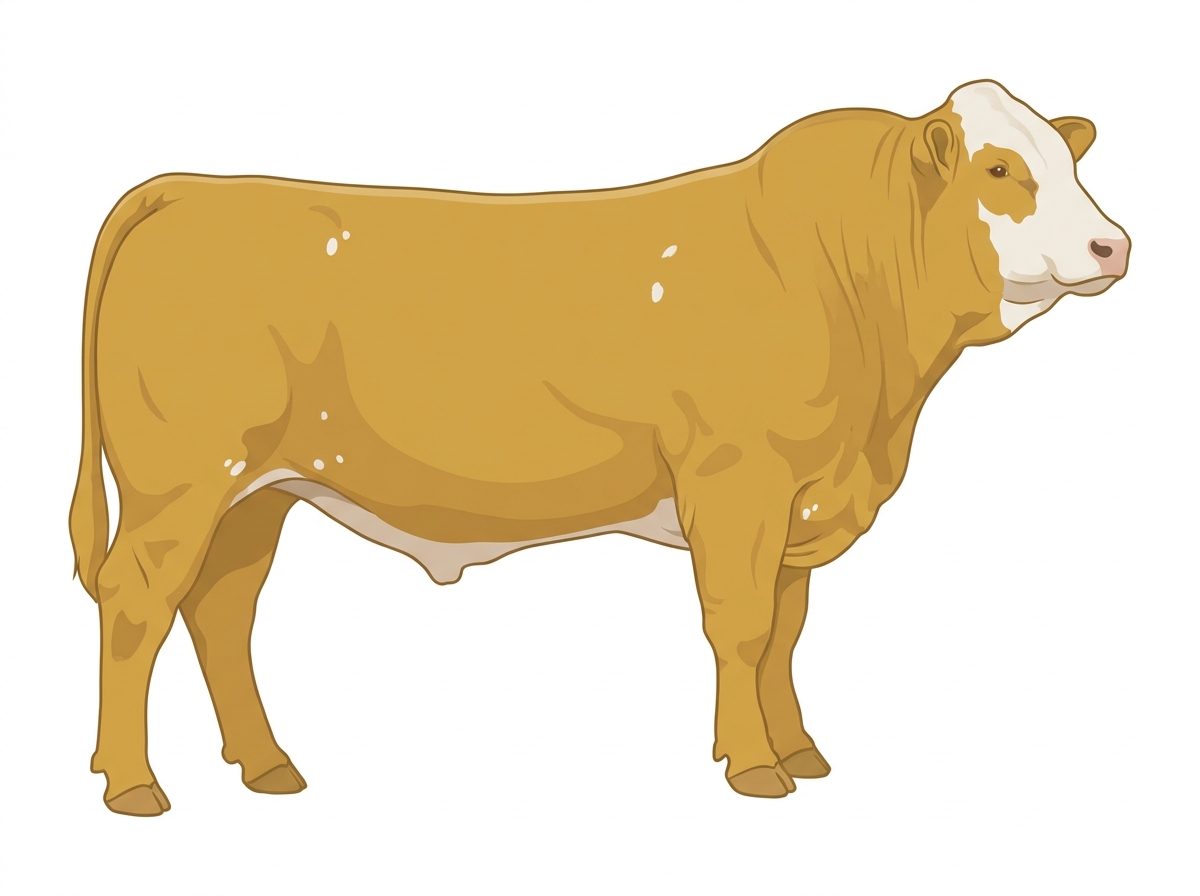 Gold with a pale muzzle ring and lighter underline, a white face and a few white spots Simmental Cross Bull