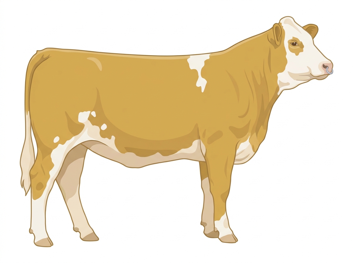 Gold with a pale muzzle ring and lighter underline, a white face and a few white spots Simmental Cross Heifer
