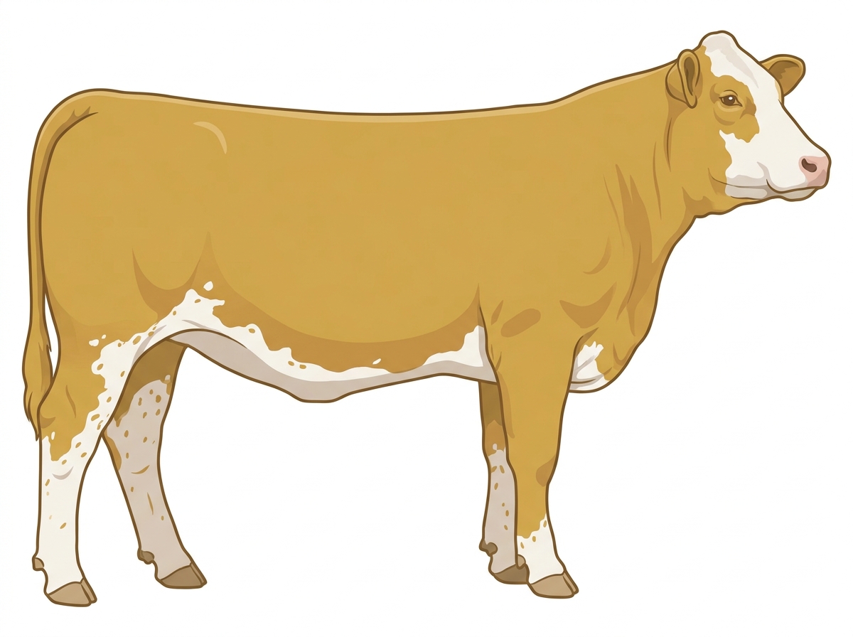 Gold with a partial white face, a few white spots and ticking in the white Simmental Cross Heifer