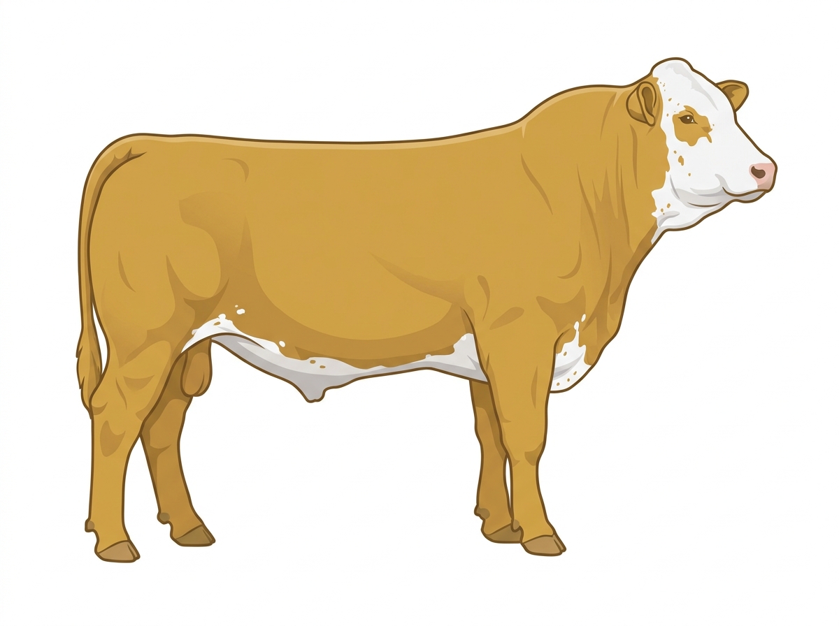 Gold with a white face, a few white spots and ticking in the white Simmental Cross Bull