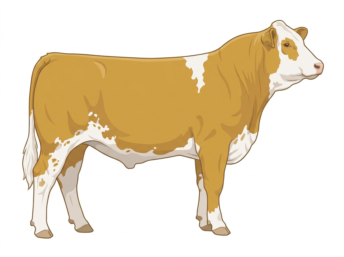 Gold with a white face, white in large patches and ticking in the white Simmental Cross Steer