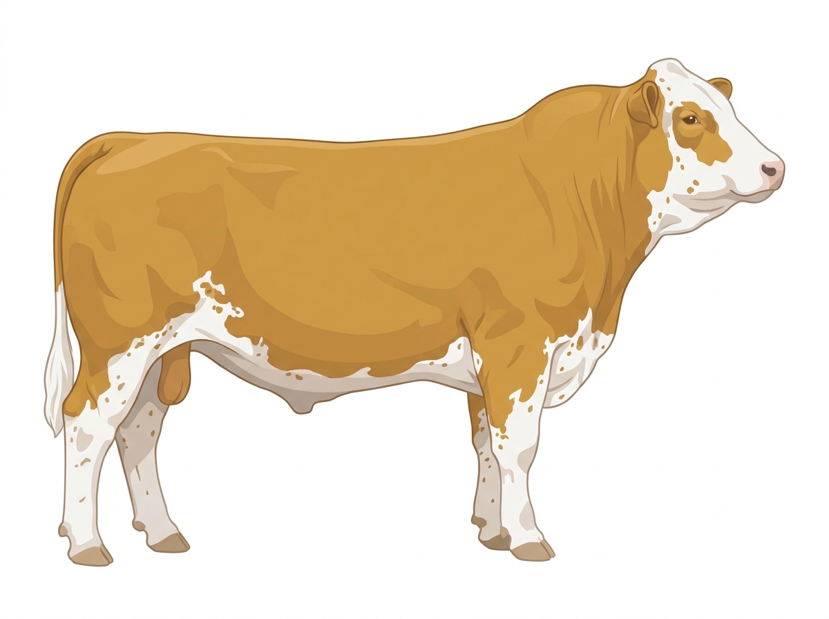 Gold with a white face, white spots and ticking in the white Simmental Cross Bull