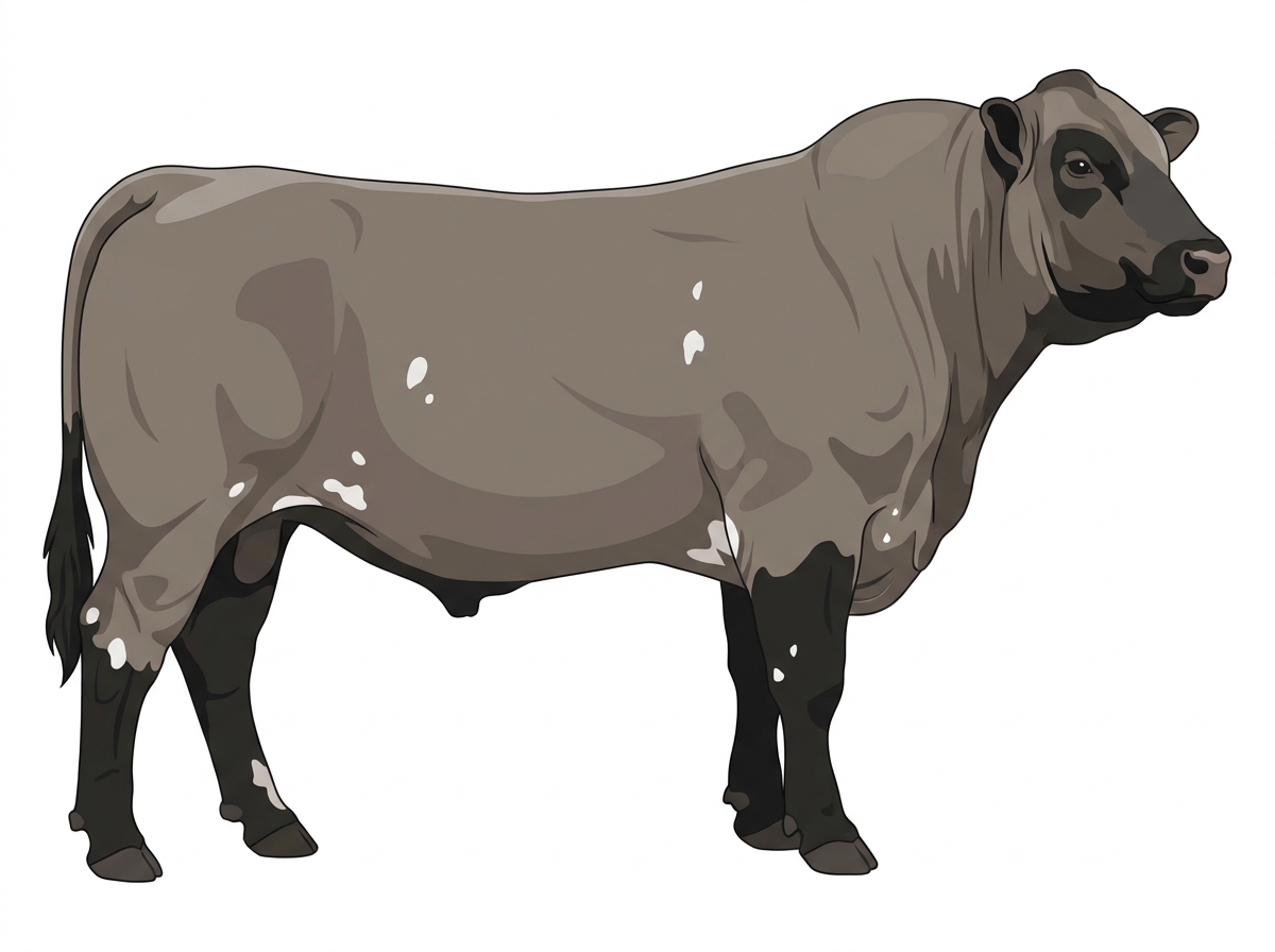 Gray with black points and a few white spots Simmental Cross Bull