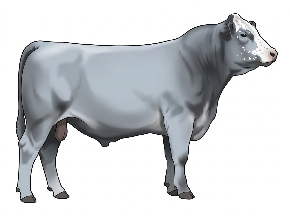 Light blue roan with a partial white face, a few white spots and ticking in the white Simmental Cross Bull