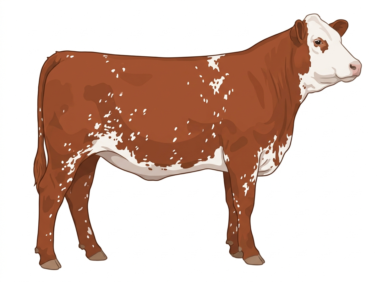 Light red roan with a white face, white spots and ticking in the white Simmental Cross Heifer