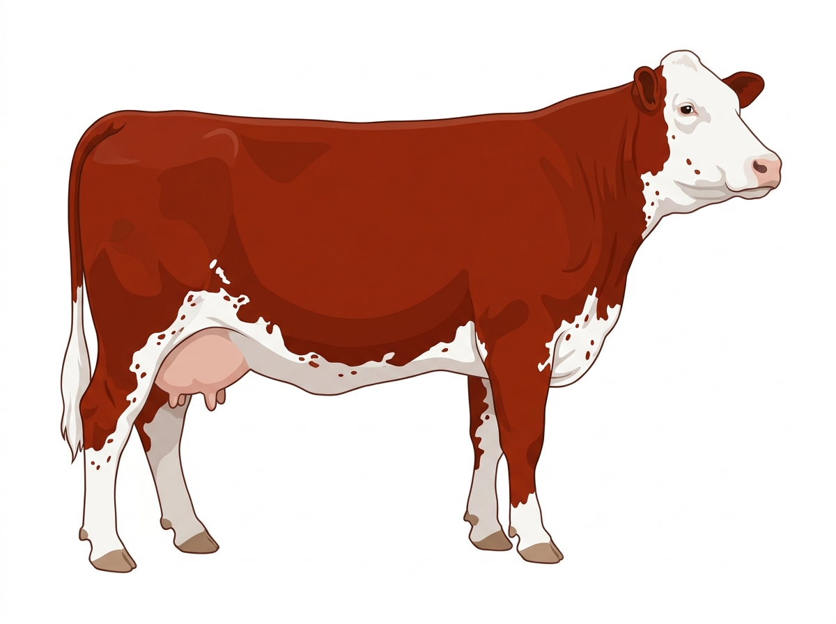 Red with a full white face, white brisket and underline and ticking in the white Simmental Cross Cow