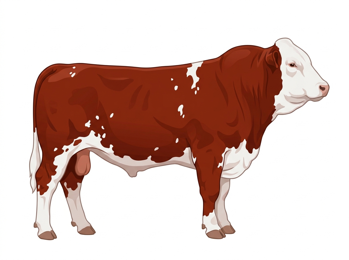 Red with a full white face, white brisket and underline and white spots Simmental Cross Bull
