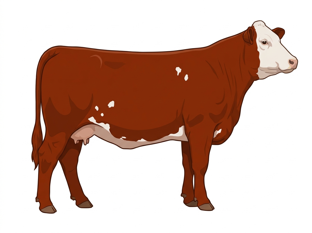 Red with a pale muzzle ring and lighter underline, a white face and a few white spots Simmental Cross Cow