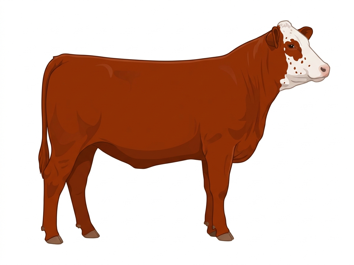 Red with a partial white face, white spots and ticking in the white Simmental Cross Heifer