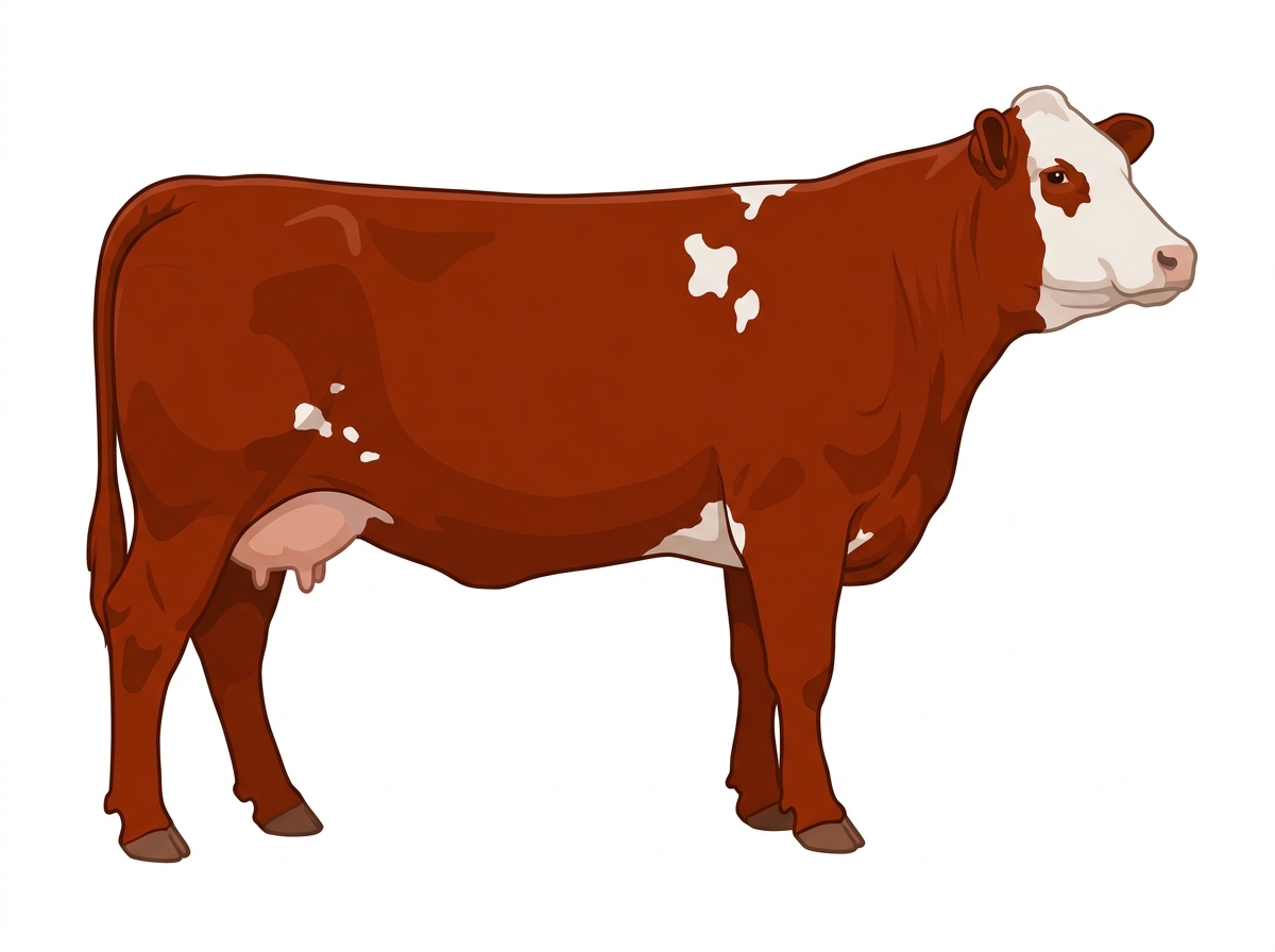 Red with a white face and a few white spots Simmental Cross Cow