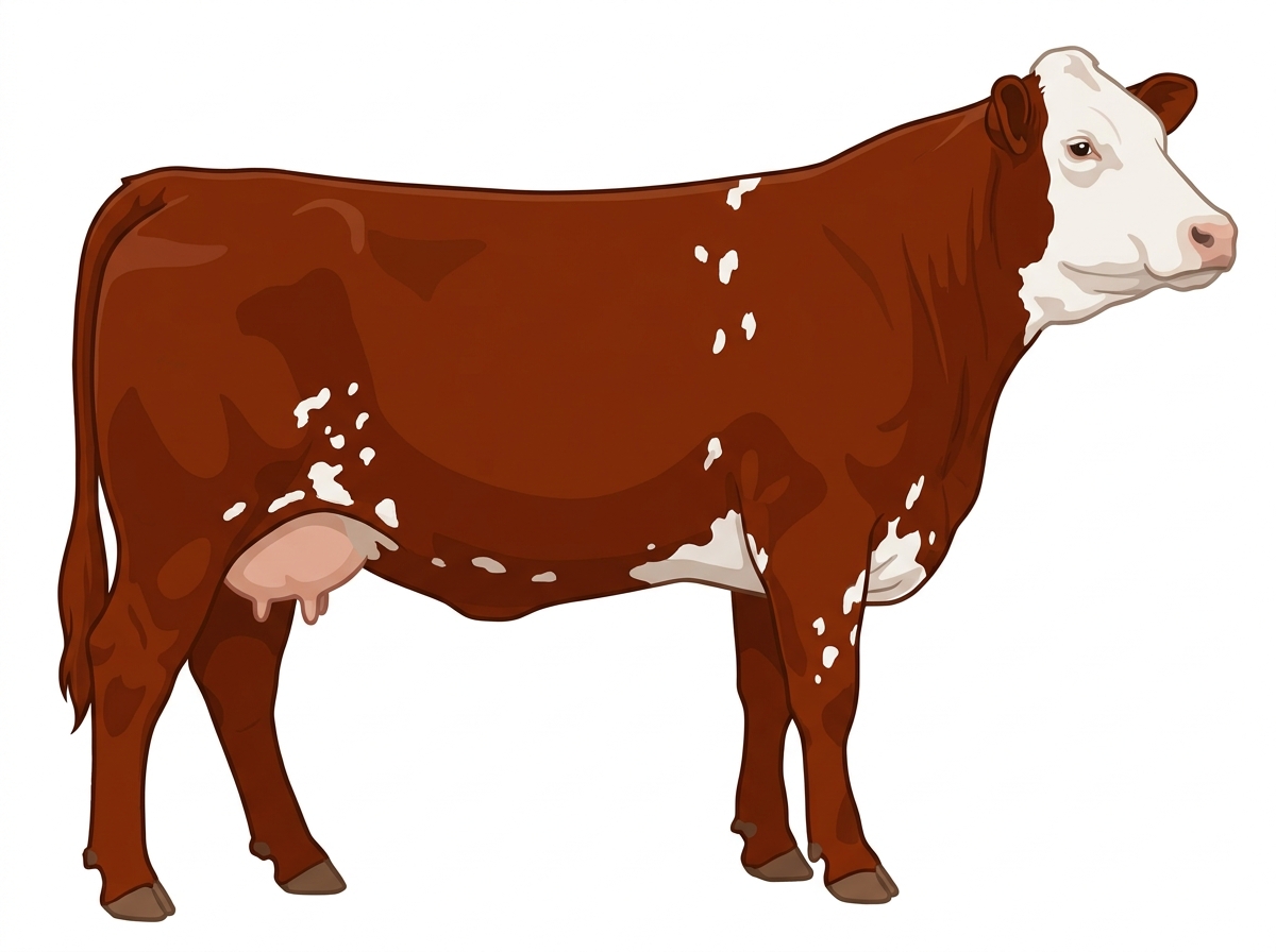 Red with a white face and white spots Simmental Cross Cow