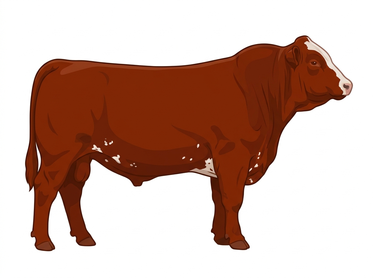 Red with minimal white face markings, a few white spots and ticking in the white Simmental Cross Bull
