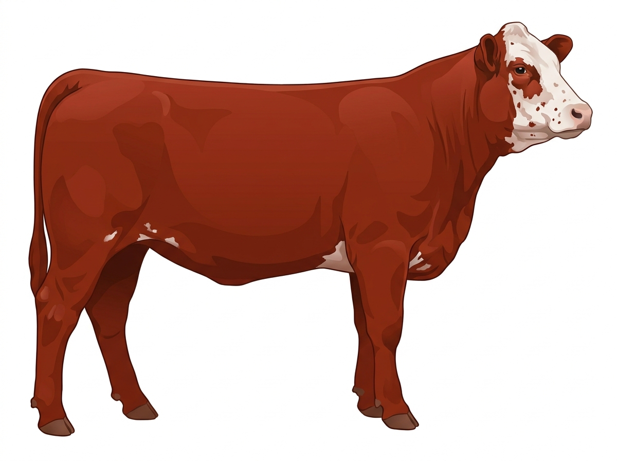 Red with minimal white face markings, white spots and ticking in the white Simmental Cross Heifer
