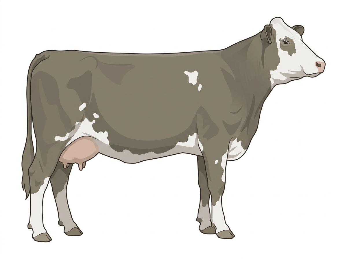 Smoky with a partial white face and a few white spots Simmental Cross Cow