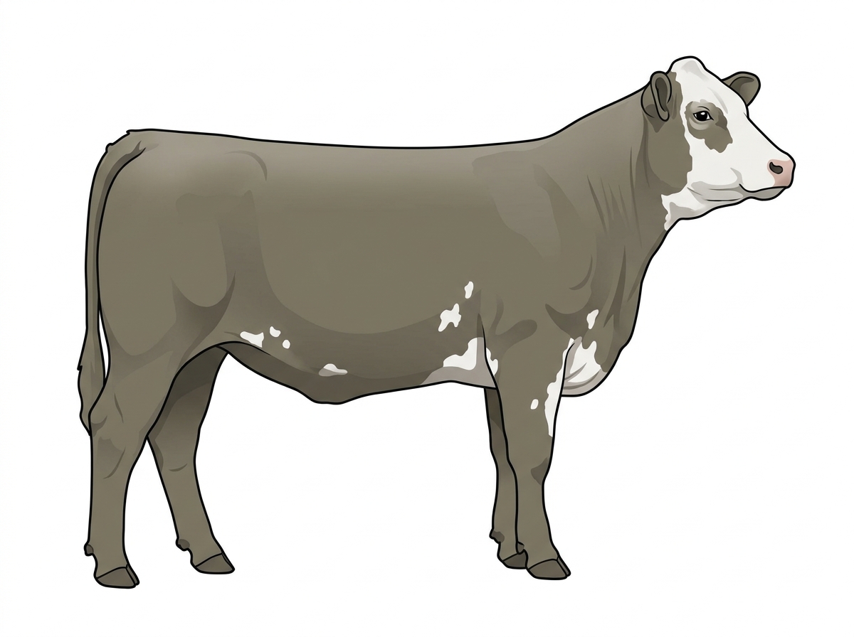 Smoky with a partial white face and a few white spots Simmental Cross Heifer