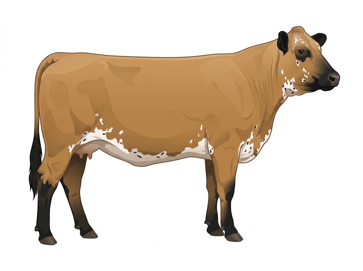 Tan with black points, a few white spots and ticking in the white Simmental Cross Cow