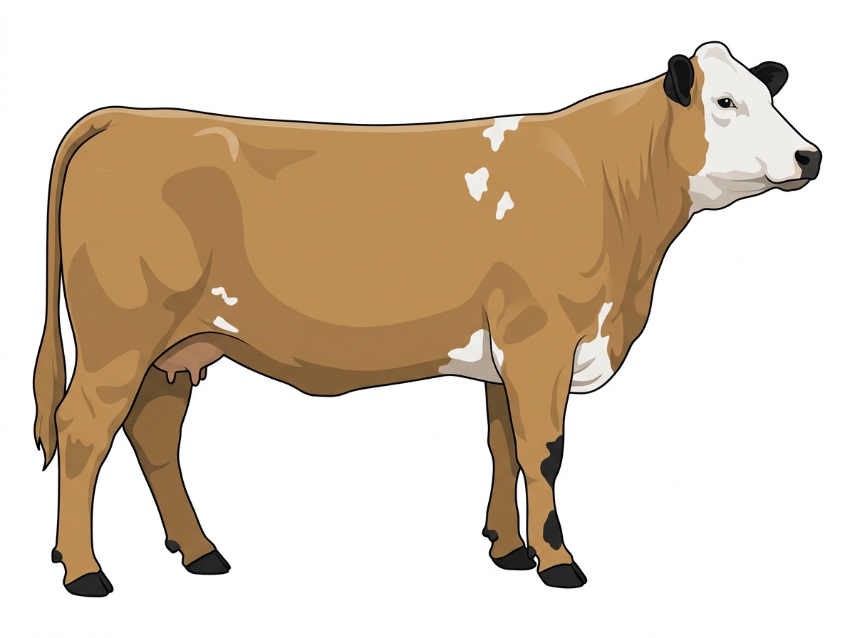 Tan with black points, a white face and a few white spots Simmental Cross Cow