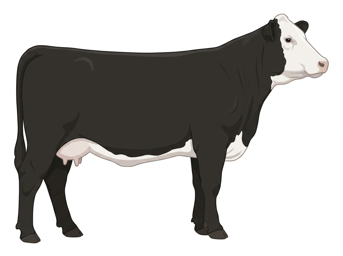 Black with a full white face, white brisket and underline Simmental x Angus Cross Cow