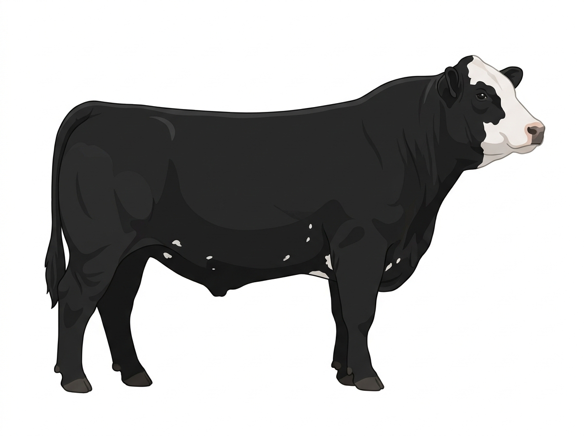 Black with a white face and a few white spots Simmental x Angus Cross Bull