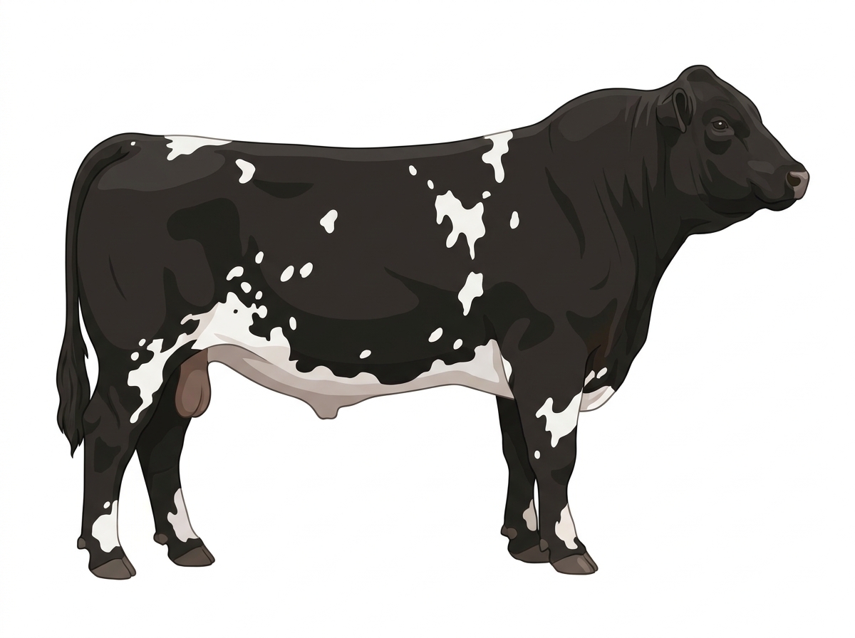 Black with white spots Simmental x Angus Cross Bull