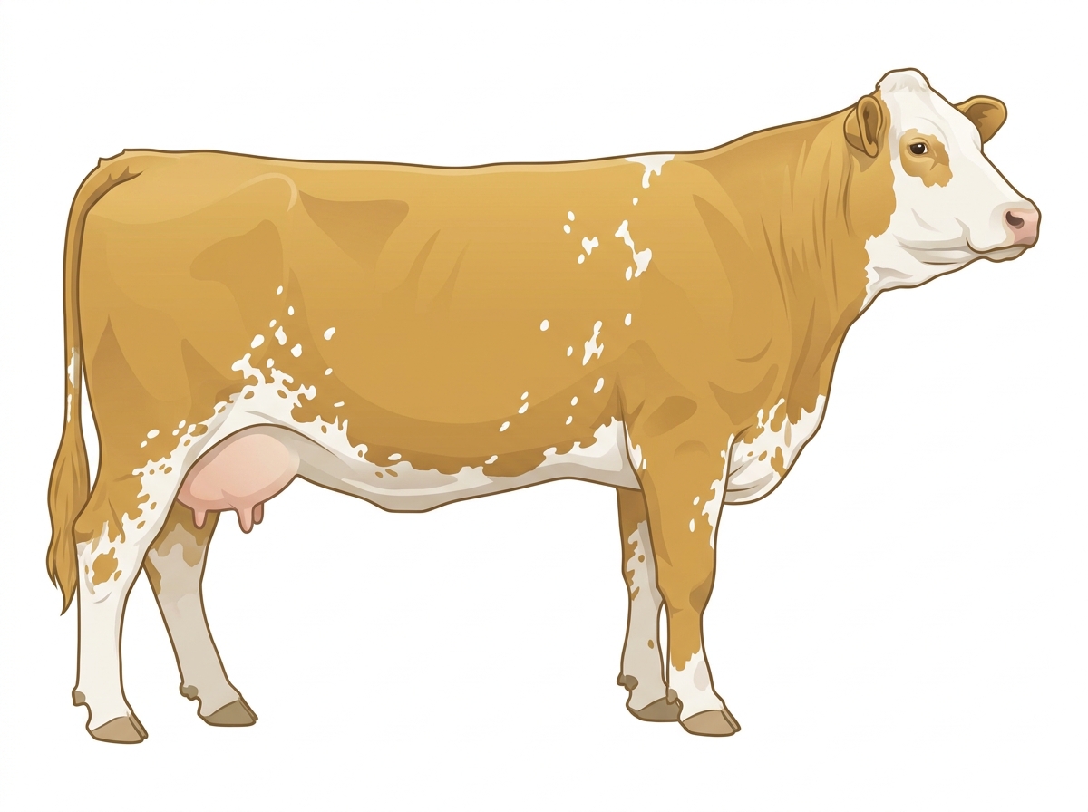 Gold with white spots with ticking Simmental x Maine-Anjou Cross Cow