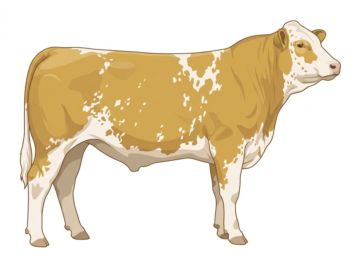 Gold with white spots with ticking Simmental x Maine-Anjou Cross Steer