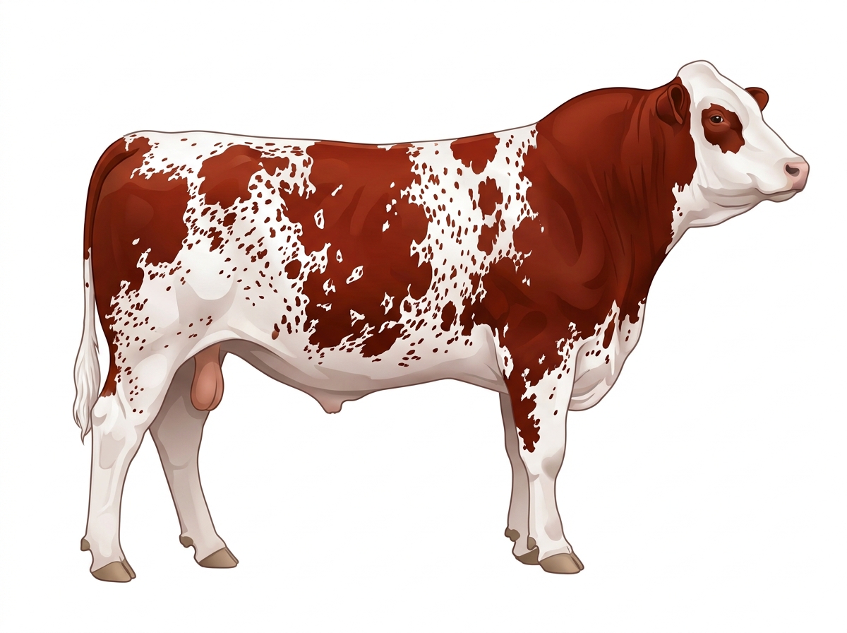 Red heavily spotted with ticking Simmental x Maine-Anjou Cross Bull