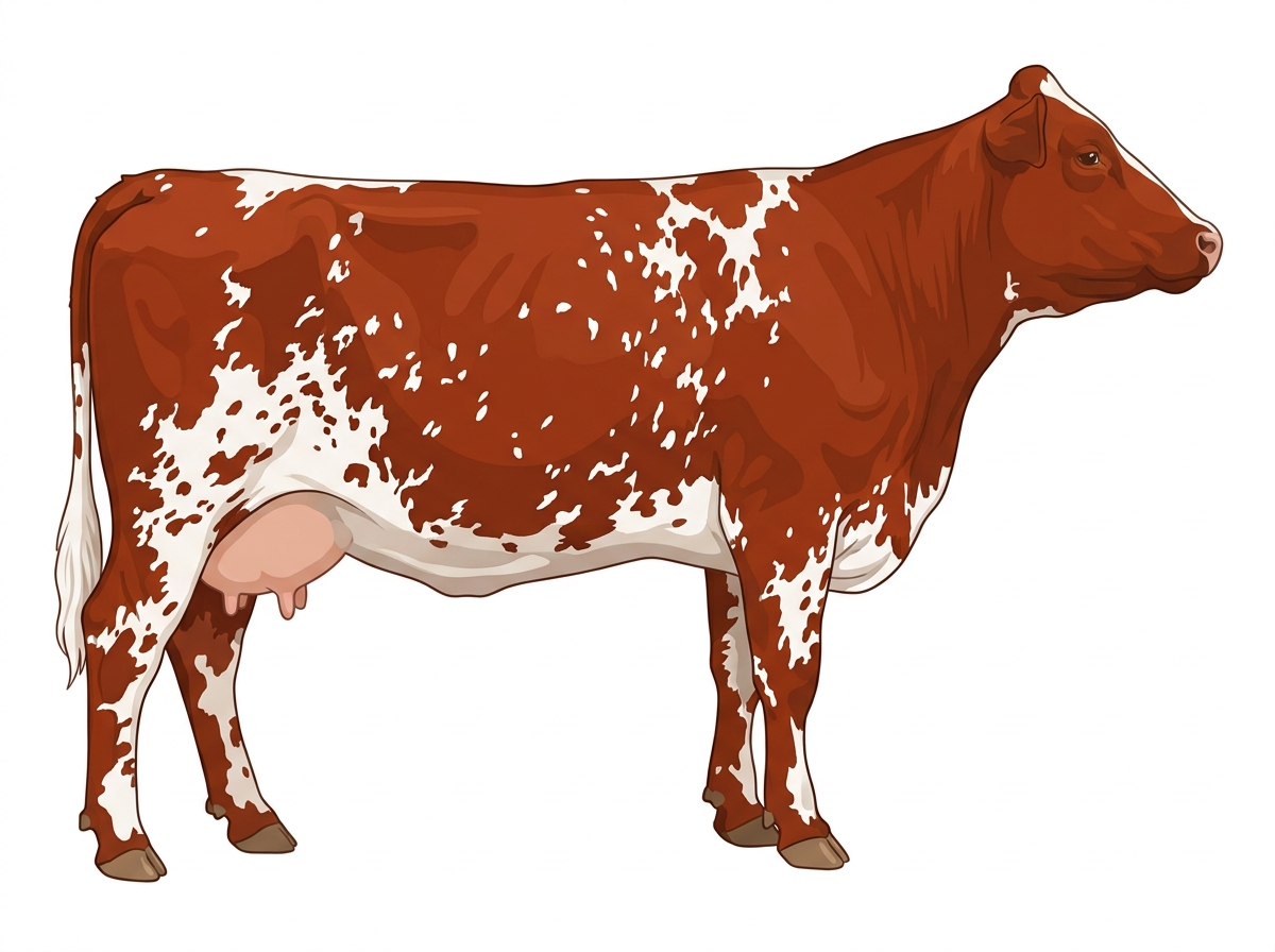 Red heavily spotted with ticking Simmental x Maine-Anjou Cross Cow