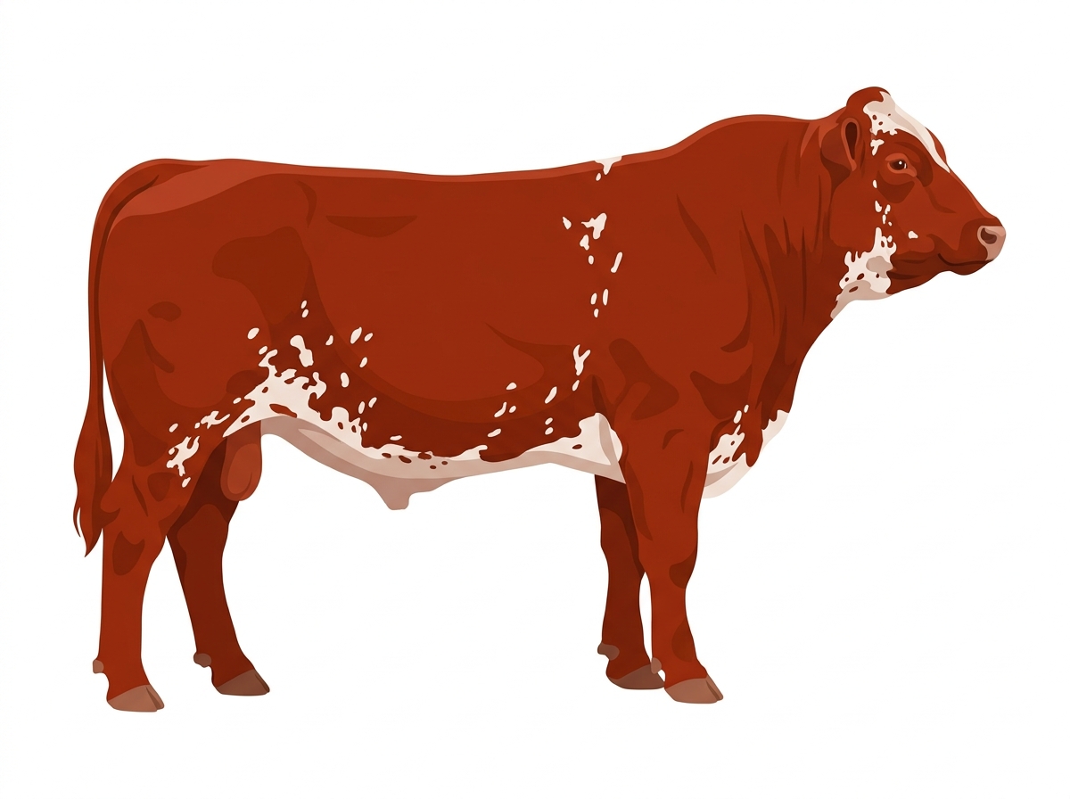 Red with white spots with ticking Simmental x Maine-Anjou Cross Bull