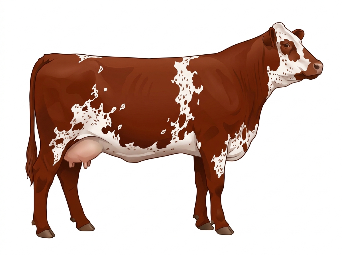 Red with white spots with ticking Simmental x Maine-Anjou Cross Cow