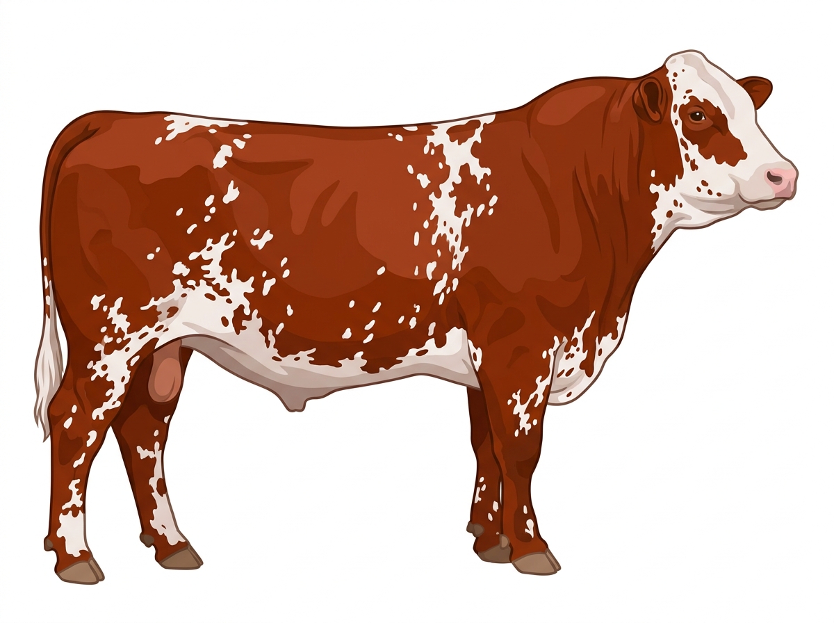Red roan with white spots Simmental x Shorthorn Cross Bull
