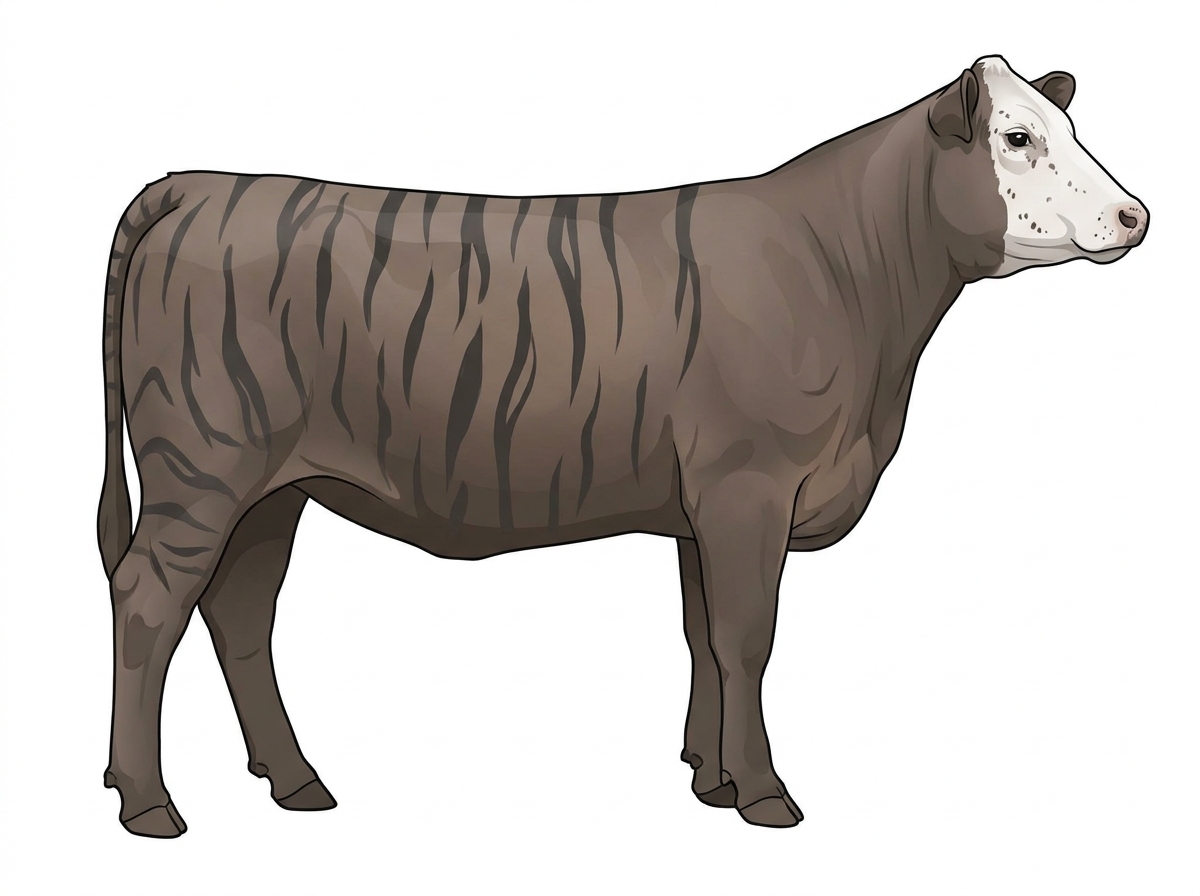 Smoky brindle with black stripes, a white face and ticking in the white Tigerstripe Heifer